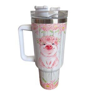 Custom Pink Floral Stainless Steel Insulated Tumbler W/ Handle & Lid Pig Design